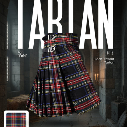 Kilt for Men I Black Stewart Tartan Kilt Polyviscose 8 Yard Traditional Men Kilt