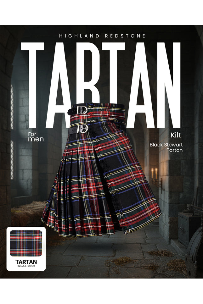 Kilt for Men I Black Stewart Tartan Kilt Polyviscose 8 Yard Traditional Men Kilt