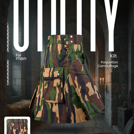 Camouflage Utility Kilt For Men - Rugged Ripstop Cotton tactical men kilt with brass hardware