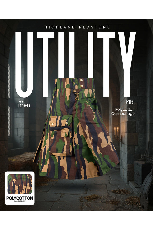 Camouflage Utility Kilt For Men - Rugged Ripstop Cotton tactical men kilt with brass hardware