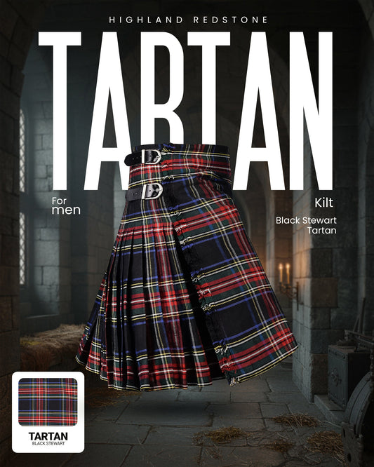 Kilt for Men I Black Stewart Tartan Kilt Polyviscose 8 Yard Traditional Men Kilt