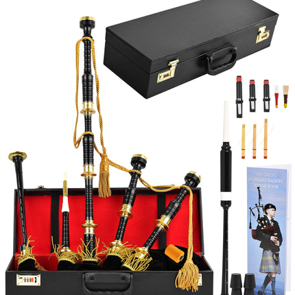 Full Size Rosewood  Bagpipe| Lead-Free Glossy Black Finish | Gold-Engraved Mounts & Ferrules | Hard Case | Premium Reeds + FREE Practice Chanter