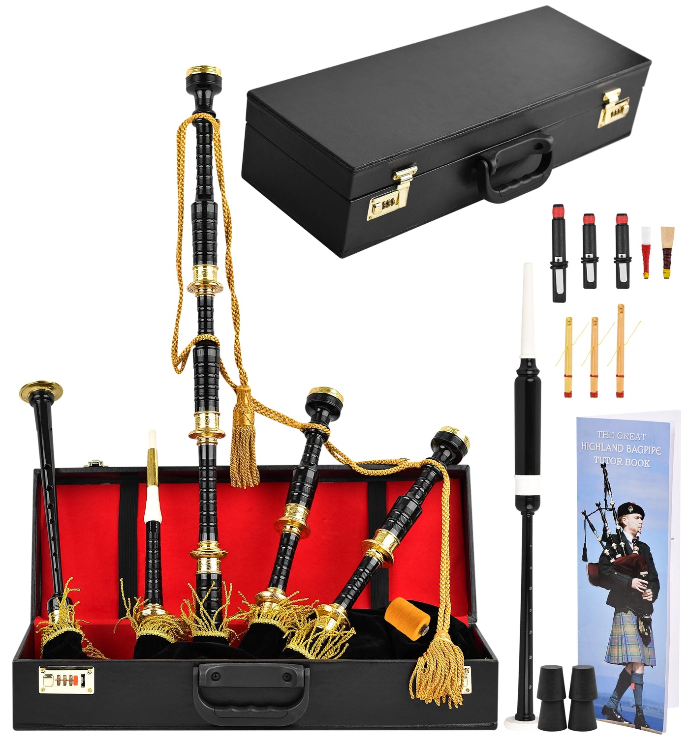 Full Size Rosewood  Bagpipe| Lead-Free Glossy Black Finish | Gold-Engraved Mounts & Ferrules | Hard Case | Premium Reeds + FREE Practice Chanter