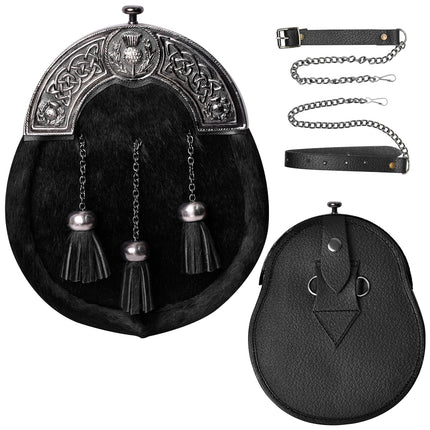 Formal Black Bovine Sporran with Black Thistle Antique Cantle
