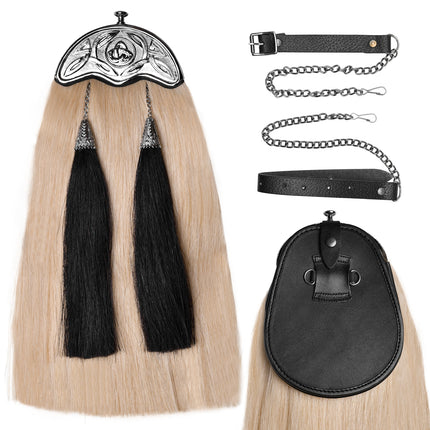 Full Dress Horse Hair Sporran with intricate Celtic Design Chrome Cantle, showcasing premium craftsmanship and luxurious materials.