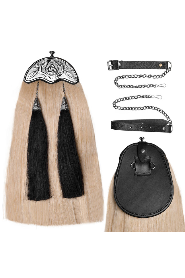 Full Dress Horse Hair Sporran with intricate Celtic Design Chrome Cantle, showcasing premium craftsmanship and luxurious materials.