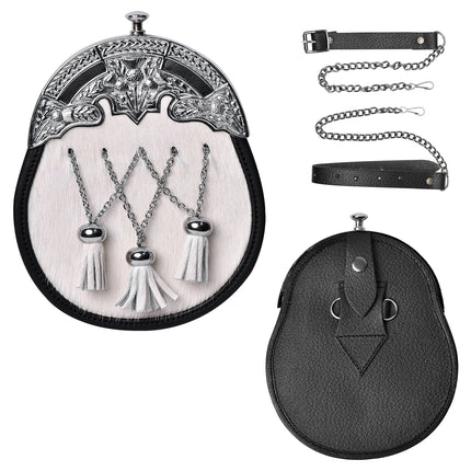 Formal White Bovine Cross Chain Sporran with Thistle Chrome Cantle