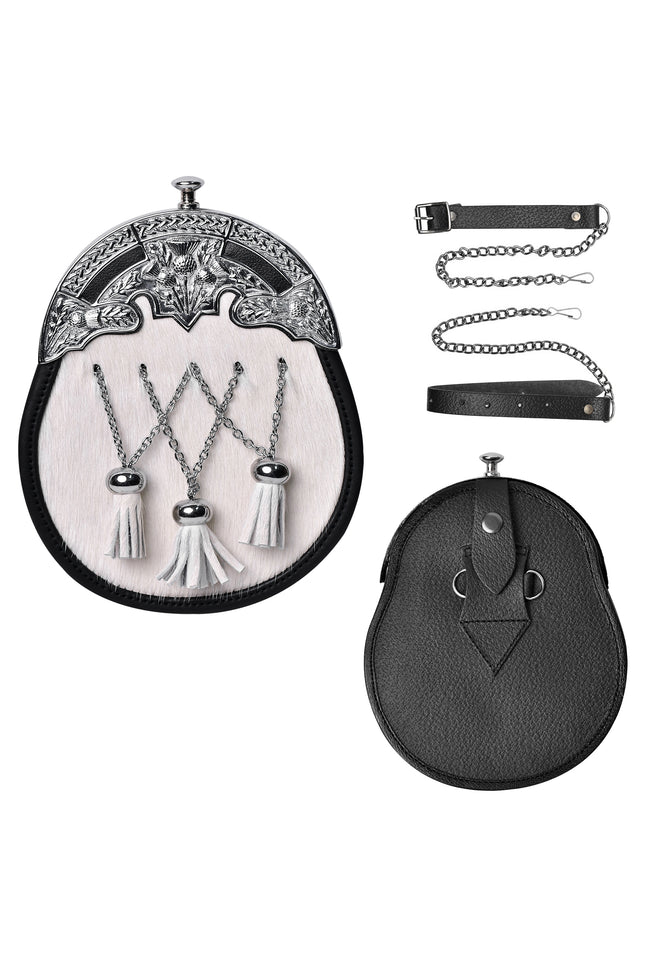 Sporran con cadena cruzada de bovino blanco formal con cantle cromado de cardo