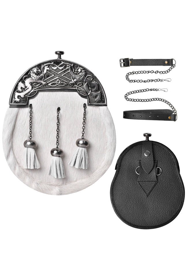 Formal White Bovine Sporran with Antique Lion Rampant Cantle