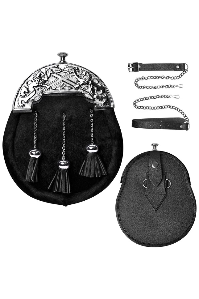 Formal Black Bovine Sporran with Chrome Lion Rampant Cantle