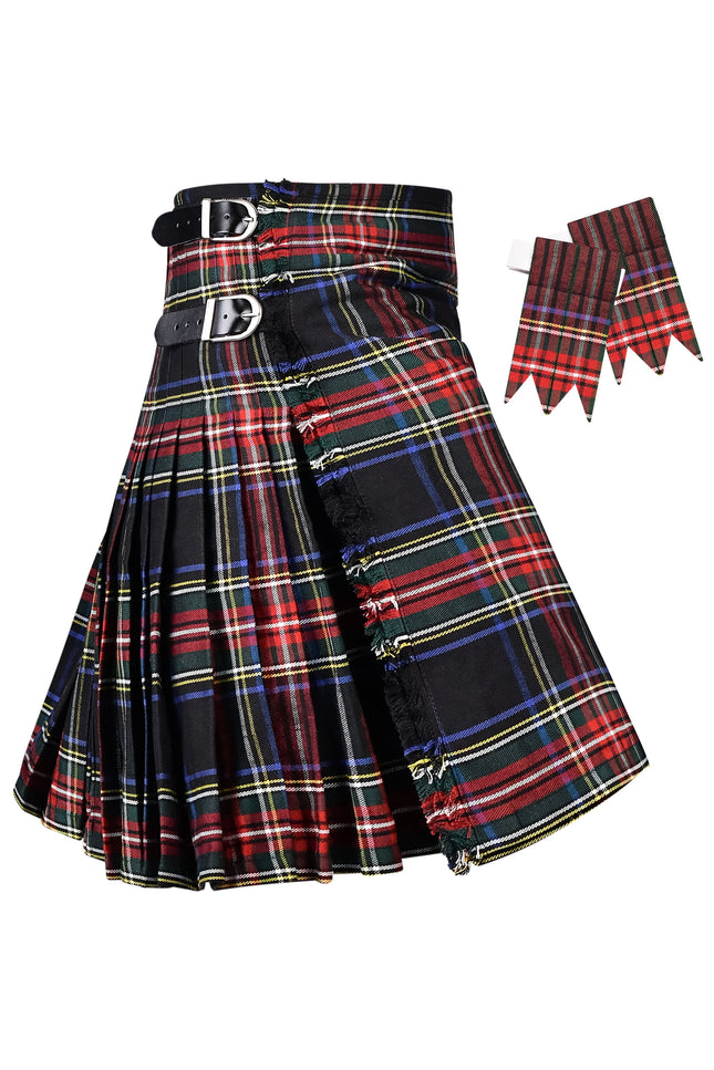 Kilt for Men I Black Stewart Tartan Kilt Polyviscose 8 Yard Traditional Men Kilt | Big & Tall