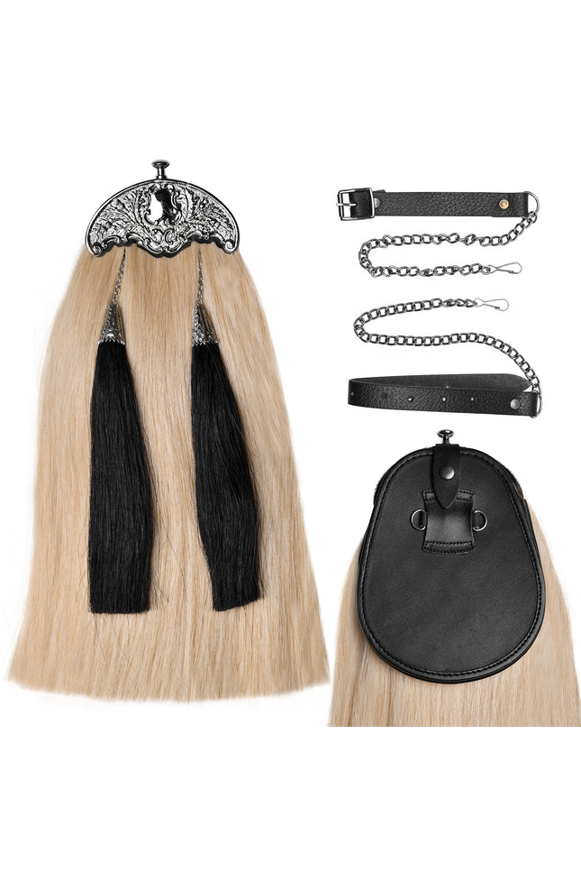 Full Dress Horse Hair Sporran with black horse hair tassels - Traditional Scottish formal accessory
