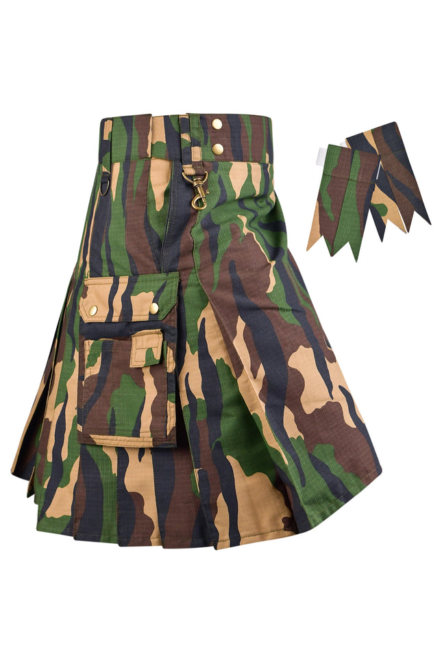 Camouflage Utility Kilt For Men - Rugged Ripstop Cotton tactical men kilt with brass hardware