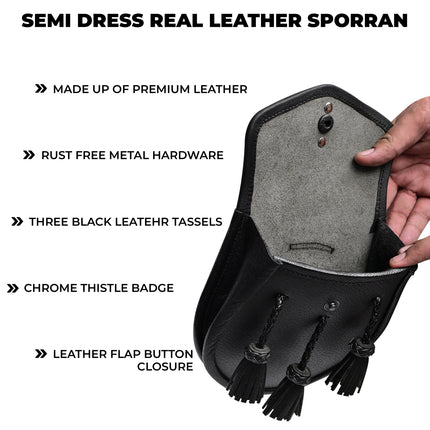 Semi Dress Leather Sporran w/ Thistle Badge I Black Plain