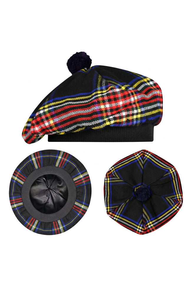 Tam O'Shanter Hat with Pompom | Black Stewart Tartan