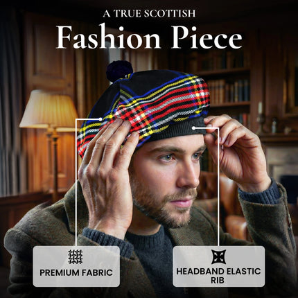 Tam O'Shanter Hat with Pompom | Black Stewart Tartan
