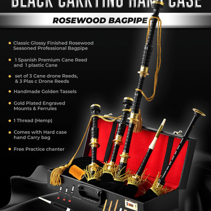 Full Size Rosewood  Bagpipe| Lead-Free Glossy Black Finish | Gold-Engraved Mounts & Ferrules | Hard Case | Premium Reeds + FREE Practice Chanter