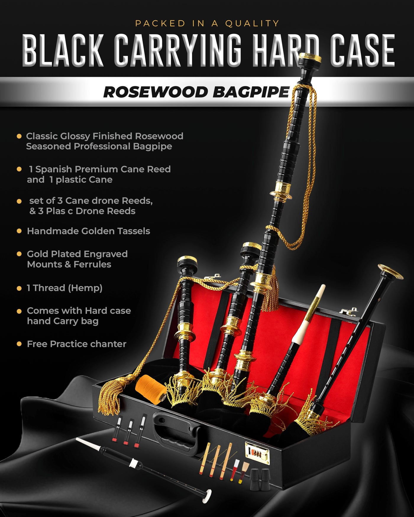 Full Size Rosewood  Bagpipe| Lead-Free Glossy Black Finish | Gold-Engraved Mounts & Ferrules | Hard Case | Premium Reeds + FREE Practice Chanter