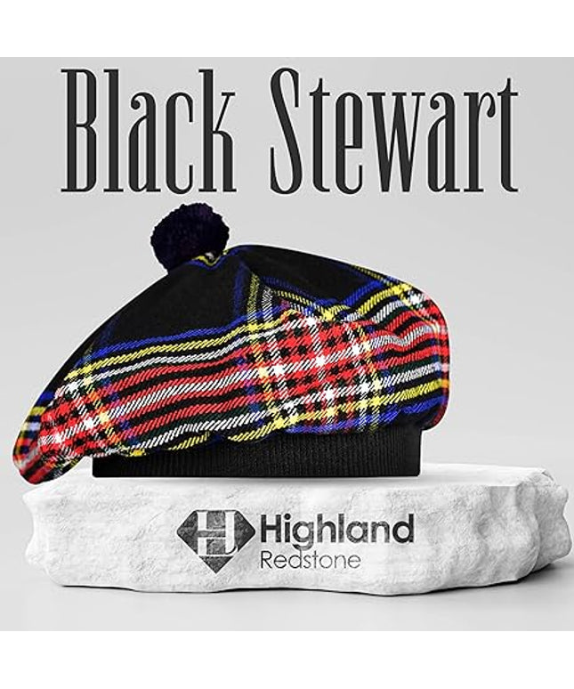 Tam O'Shanter Hat with Pompom | Black Stewart Tartan