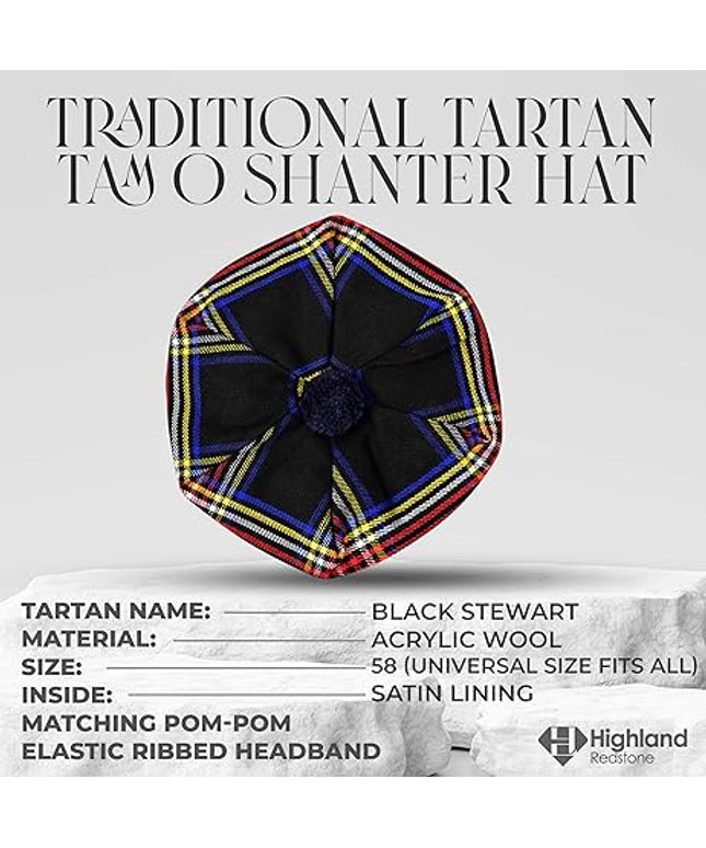 Tam O'Shanter Hat with Pompom | Black Stewart Tartan