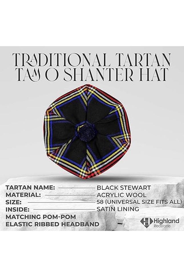 Tam O'Shanter Hat with Pompom | Black Stewart Tartan