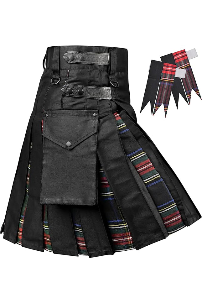 Black Stewart Hybrid Utility Kilt for Men  - Traditional Style with Modern Functionality