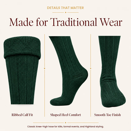 Comfortable Wool Blend Green Kilt Hose | High-Quality Kilt Socks