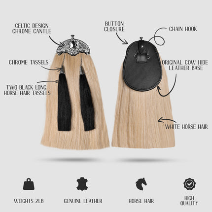 Full Dress Horse Hair Sporran with black horse hair tassels - Traditional Scottish formal accessory