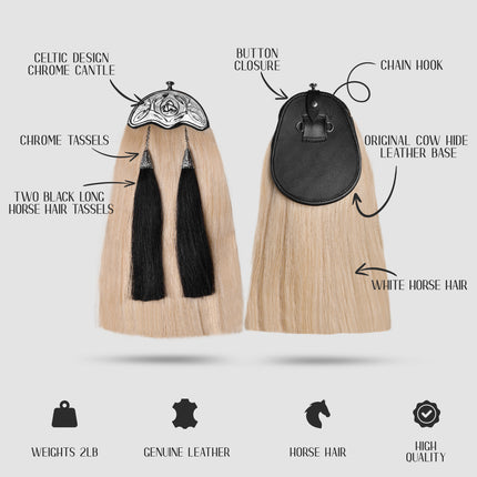 Full Dress Horse Hair Sporran with intricate Celtic Design Chrome Cantle, showcasing premium craftsmanship and luxurious materials.