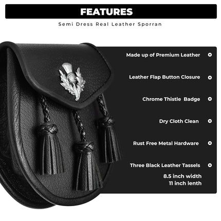 Semi Dress Leather Sporran w/ Thistle Badge I Black Plain