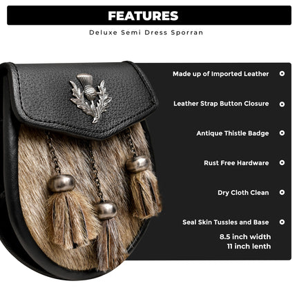Elegant Seal Skin Semi-Formal Sporran with Thistle Badge