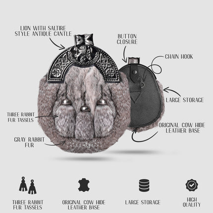 Grey Rabbit Fur Sporran Antique Cantle featuring genuine rabbit fur and an antique cantle design, perfect for formal Scottish dress.