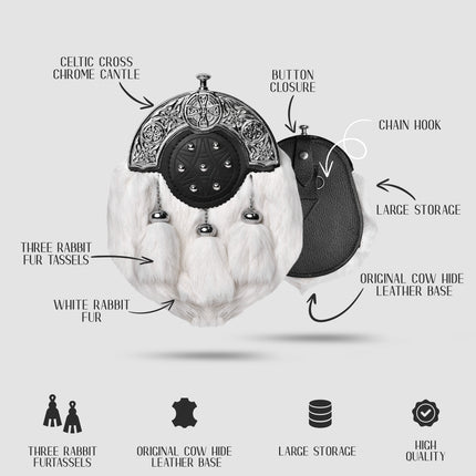 White Rabbit Fur Sporran with Chrome Cantle