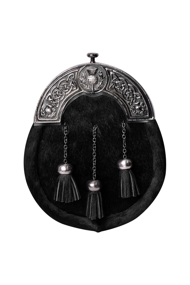 Premium Quality Scottish Black Bovine Sporran with chain belt