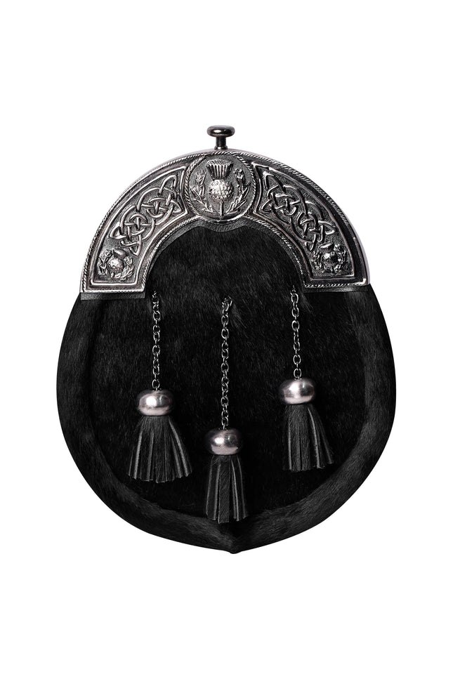 Formal Black Bovine Sporran with Black Thistle Antique Cantle