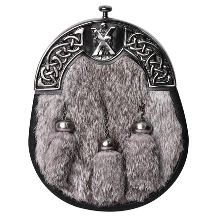 Grey Rabbit Fur Sporran Antique Cantle featuring genuine rabbit fur and an antique cantle design, perfect for formal Scottish dress.
