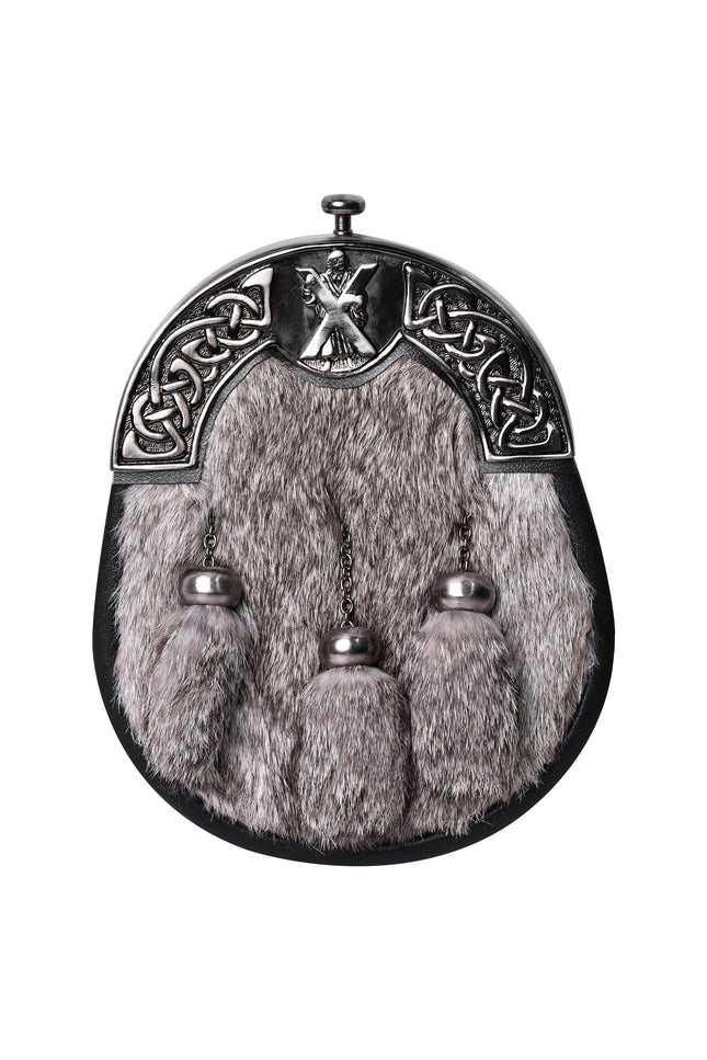Grey Rabbit Fur Sporran Antique Cantle featuring genuine rabbit fur and an antique cantle design, perfect for formal Scottish dress.