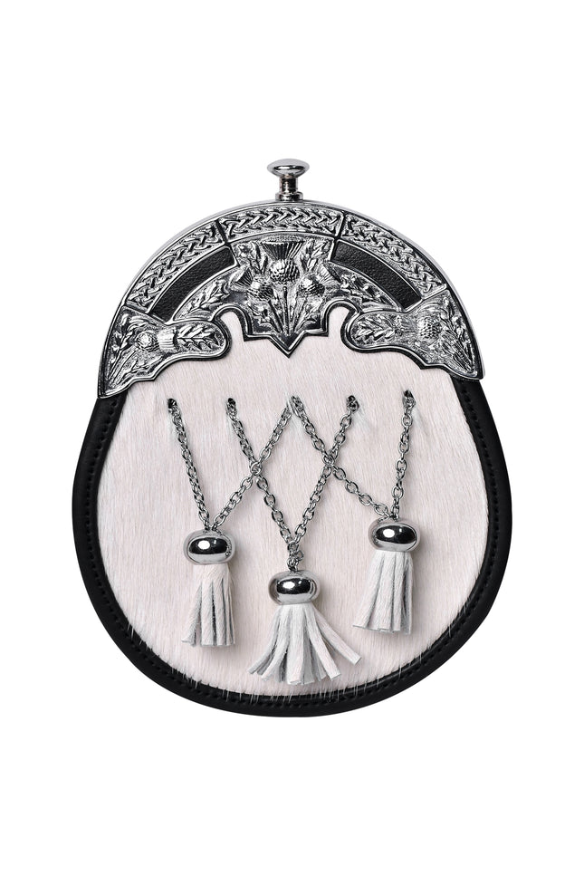 Formal White Bovine Cross Chain Sporran with Thistle Chrome Cantle