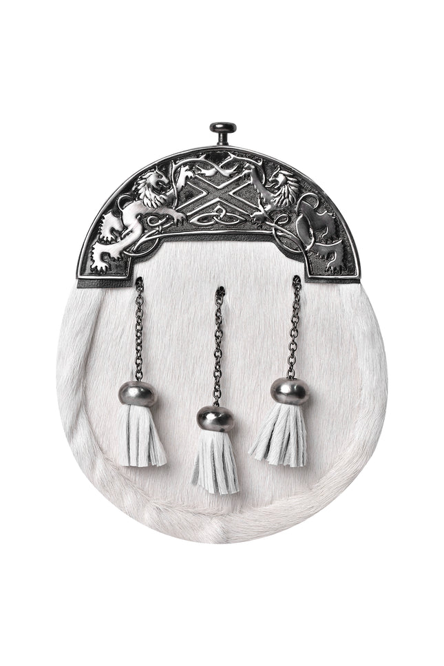 Formal White Bovine Sporran with Antique Lion Rampant Cantle
