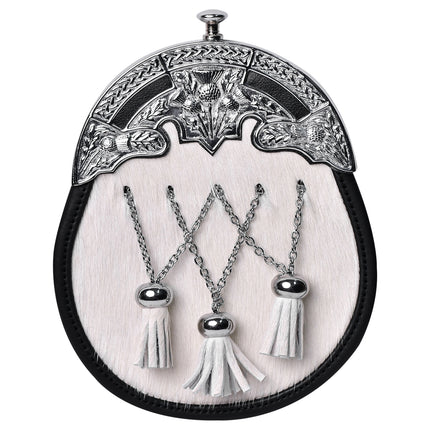 Elegant Scottish White Bovine Sporran with Cross Chain Tassels and Belt
