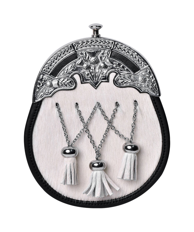 Elegant Scottish White Bovine Sporran with Cross Chain Tassels and Belt