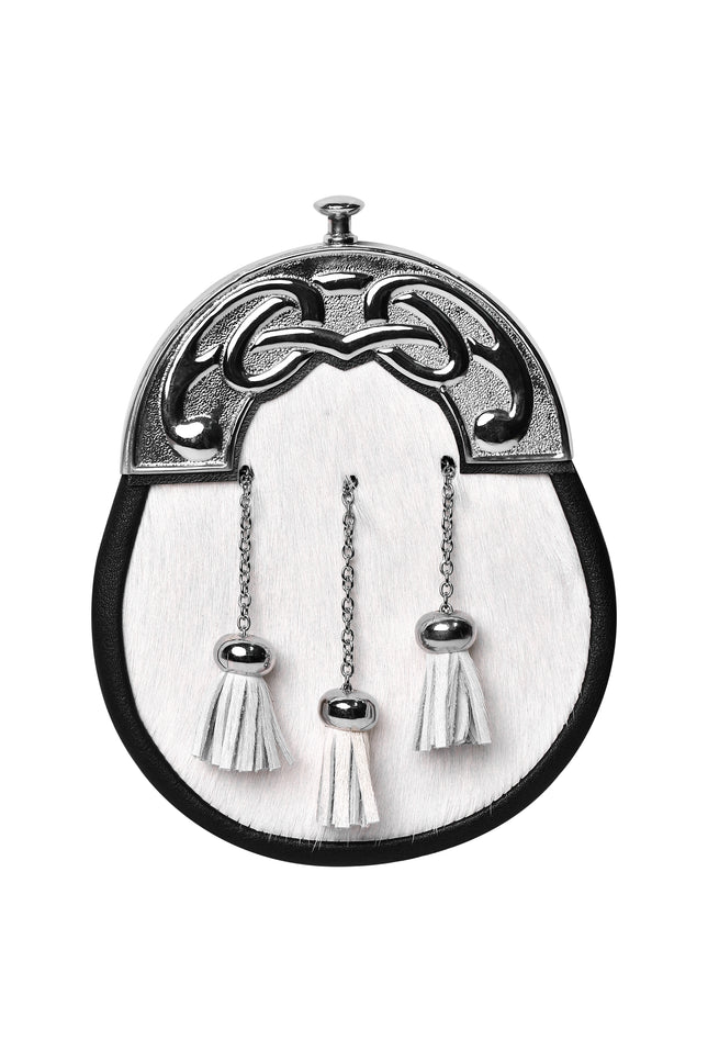 Premium Quality Scottish White Bovine Sporran with Chain Belt