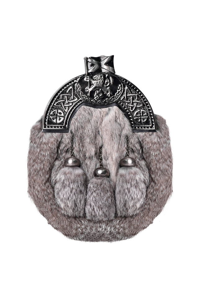 Grey Rabbit Fur Sporran Antique Cantle featuring genuine rabbit fur and an antique cantle design, perfect for formal Scottish dress.