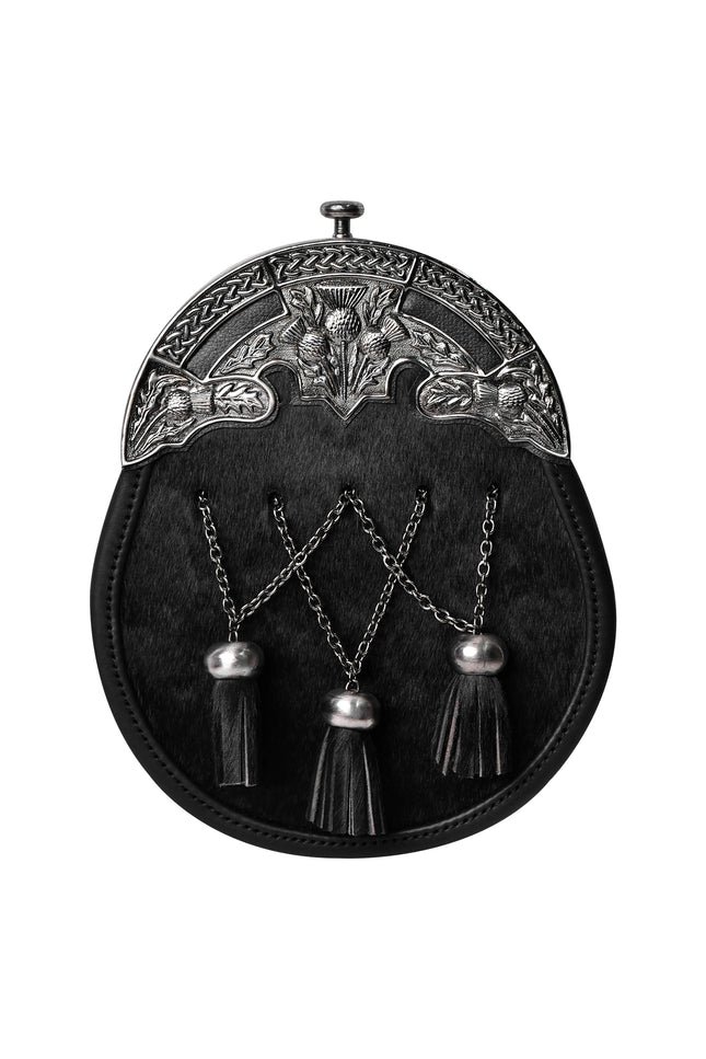 Scottish Black Bovine Sporran with chain belt and cross chain tassels design