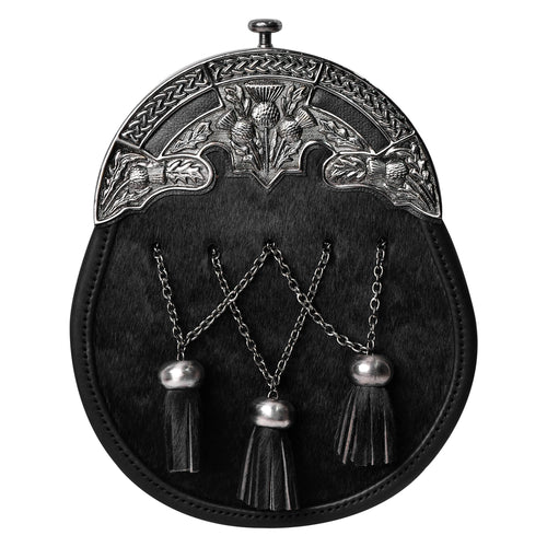 Formal Black Bovine Cross Chain Sporran with Thistle Antique Cantle