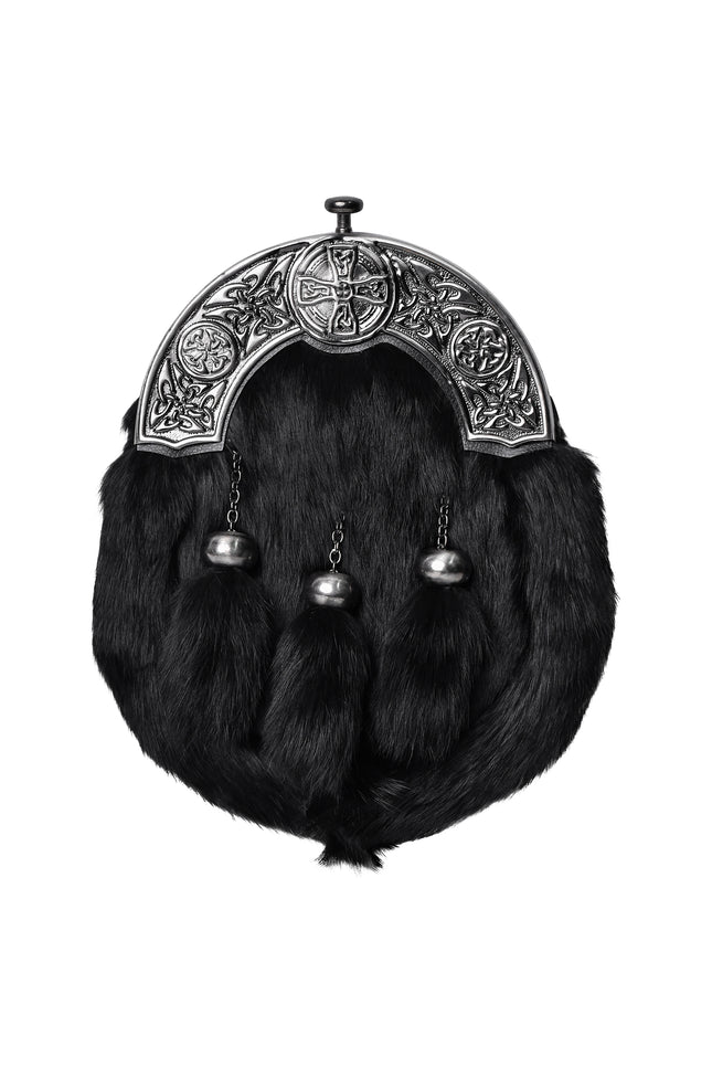 Formal Black Rabbit Fur Sporran with Black Celtic Antique Cantle