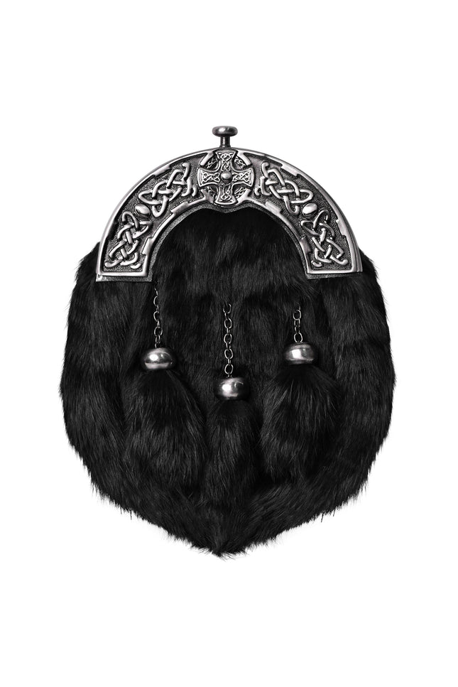 Formal Black Rabbit Fur Sporran with Black Cross Antique Cantle