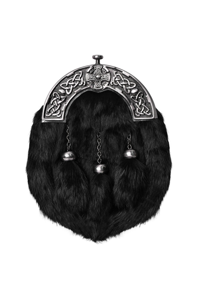 Formal Black Rabbit Fur Sporran with Black Cross Antique Cantle