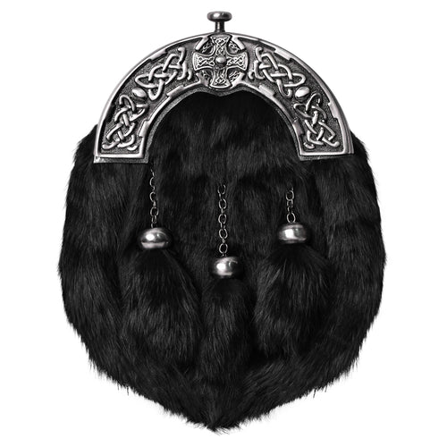 Formal Black Rabbit Fur Sporran with Black Cross Antique Cantle