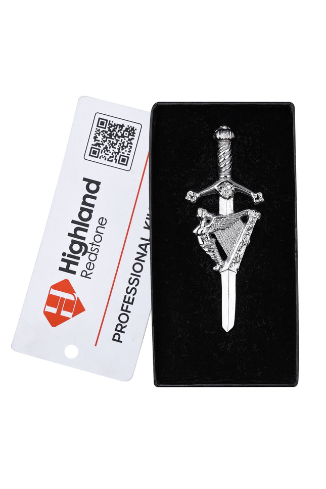 Chrome Irish Harp kilt pin with elegant design